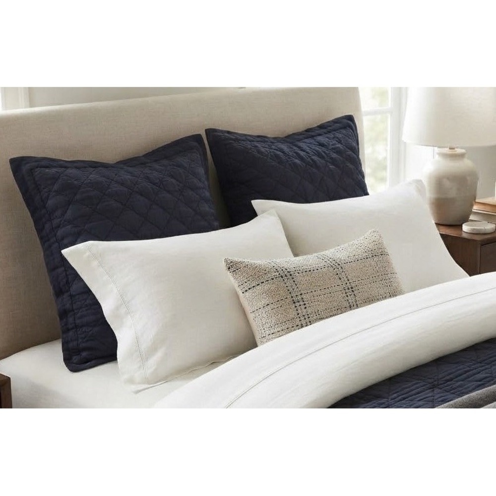 2 Pottery Barn 100% Linen Euro Pillow Shams Quilted Navy Blue 29"